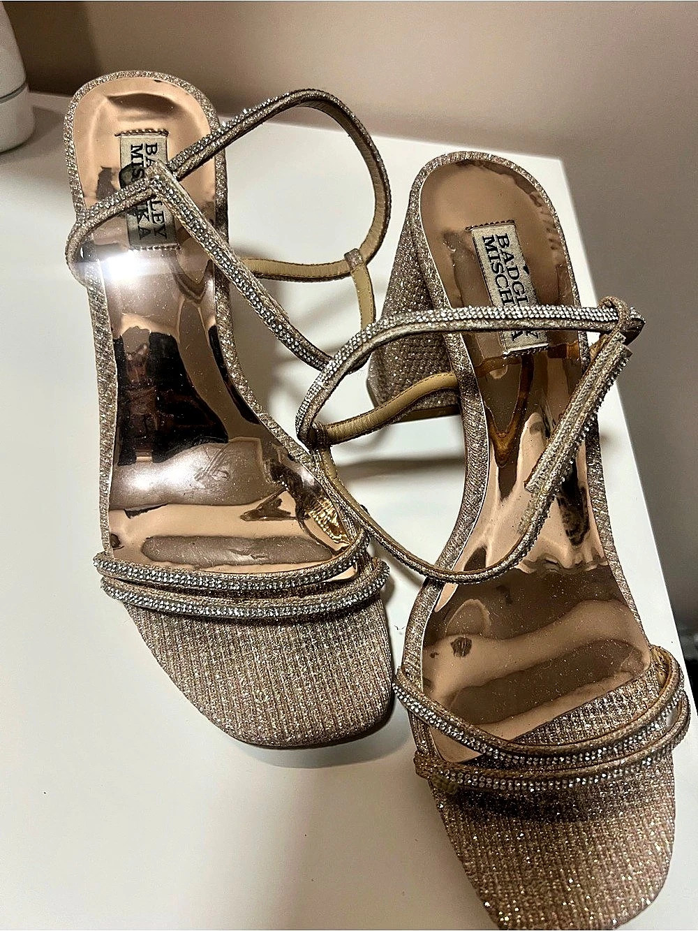 Badgley Mischka Freedom Glitter Block Heel with Bejeweled Straps Gold US 6